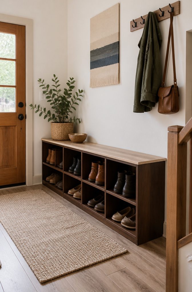 How to Build a DIY Narrow Shoe Rack: 12 Ideas for Tight Spaces 3 A wooden bench with a shoe storage compartment underneath.