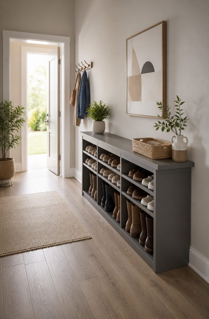 How to Build a DIY Narrow Shoe Rack: 12 Ideas for Tight Spaces 5 A narrow console table with shoes stored inside and keys on top.