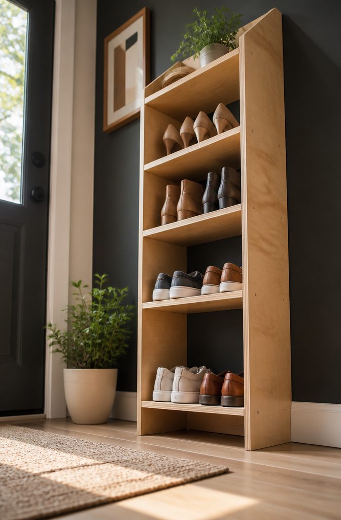 How to Build a DIY Narrow Shoe Rack: 12 Ideas for Tight Spaces 12 A DIY shoe rack designed to occupy minimal floor space.