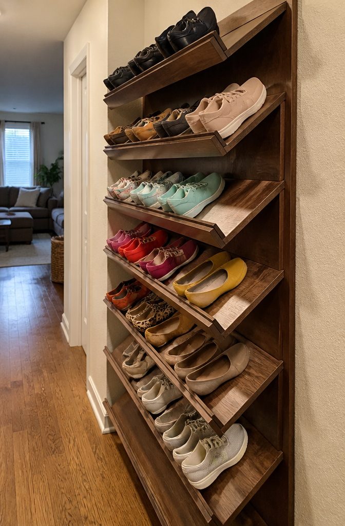 How to Build a DIY Narrow Shoe Rack: 12 Ideas for Tight Spaces 2 DIY slanted shoe shelves displaying colorful shoes in a narrow hallway.