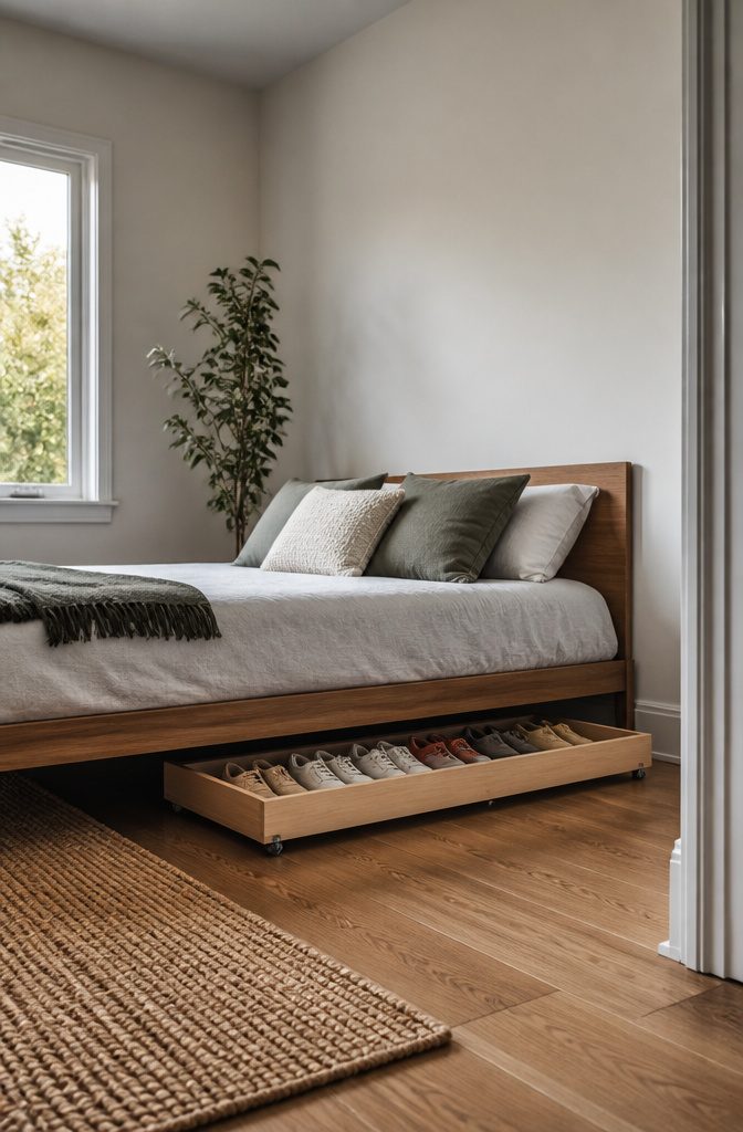How to Build a DIY Narrow Shoe Rack: 12 Ideas for Tight Spaces 1 A wooden under-bed shoe organizer with four casters and a plywood base.