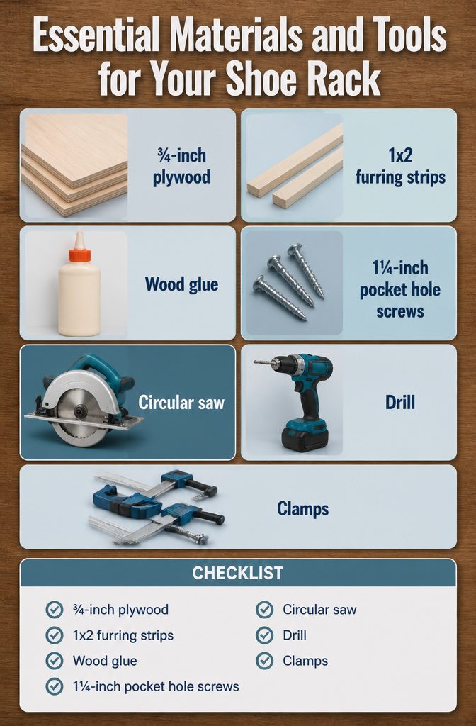 How to Build a DIY Narrow Shoe Rack: 12 Ideas for Tight Spaces 13 A display of materials and tools needed for a shoe rack project.