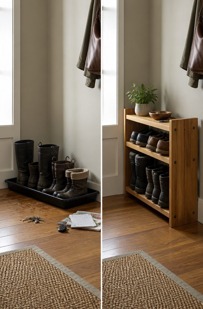 How to Build a DIY Narrow Shoe Rack: 12 Ideas for Tight Spaces 16 A boot tray placed on a floor with winter boots and clutter around.