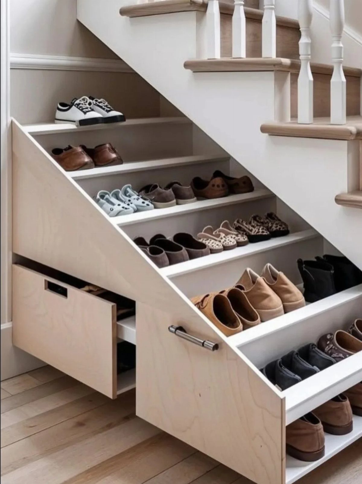 Light wood drawers built into white stairs filled with various pairs of shoes.