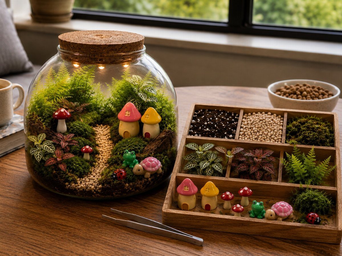 23 Fairy Garden Ideas for Tiny Houses, Teacups and Tree Trunks 6 A completed fairy garden in a glass jar next to a wooden kit containing gardening supplies.