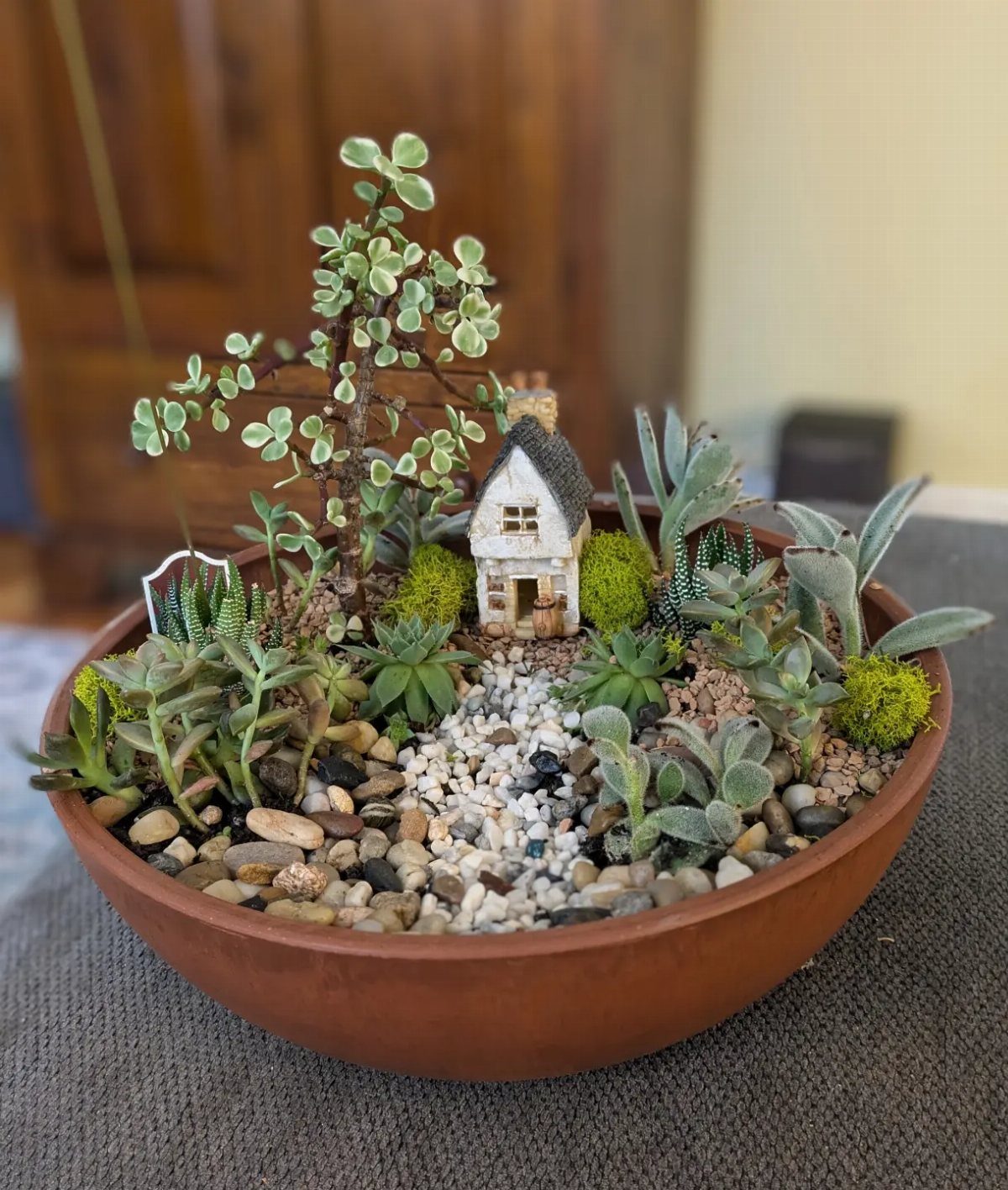 23 Fairy Garden Ideas for Tiny Houses, Teacups and Tree Trunks 4 A miniature fairy garden in a terracotta bowl with a small house, succulents, and a pebble path.