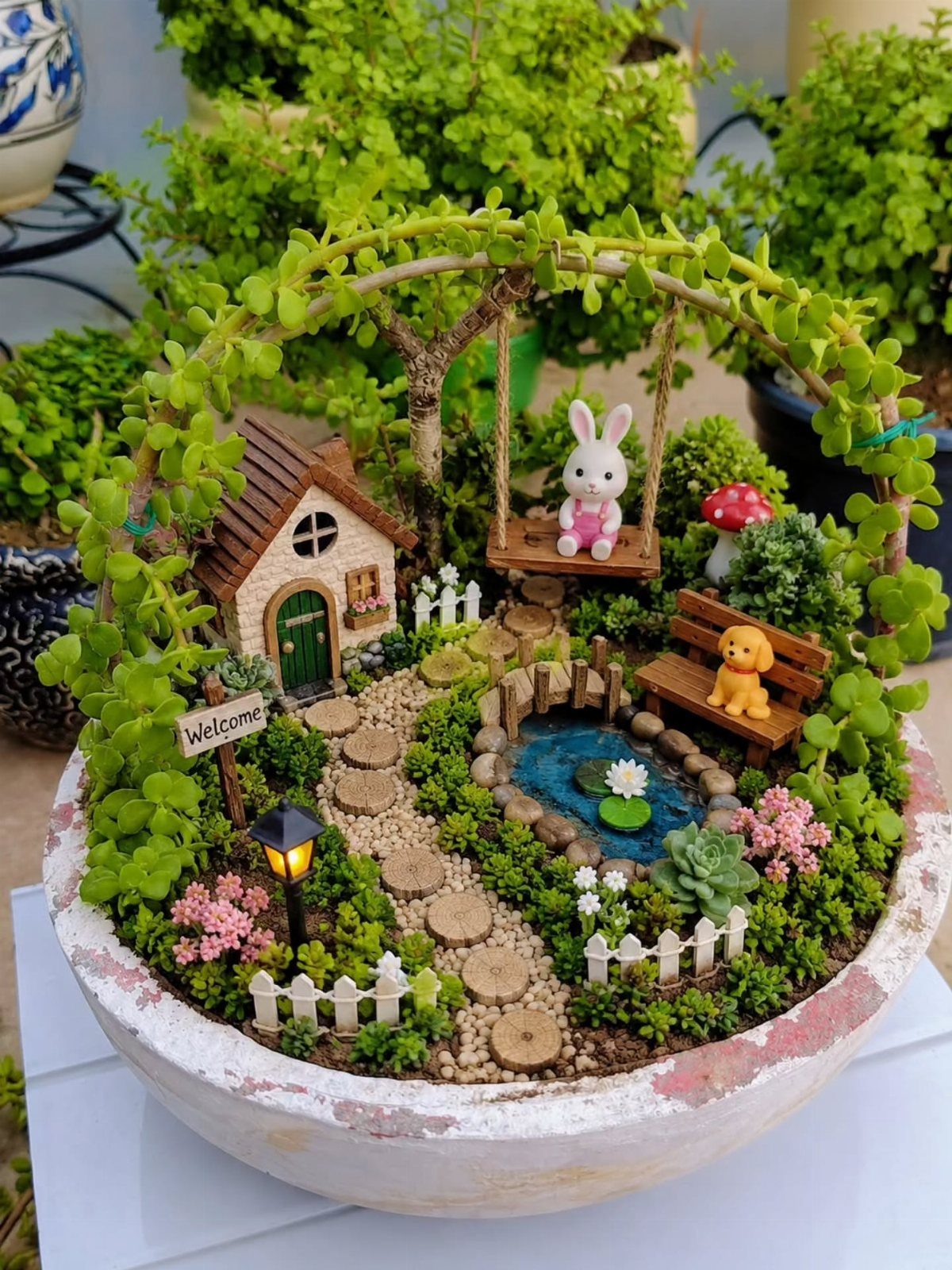 23 Fairy Garden Ideas for Tiny Houses, Teacups and Tree Trunks 5 A miniature fairy garden in a bowl with a tiny house, pond, and small plants.