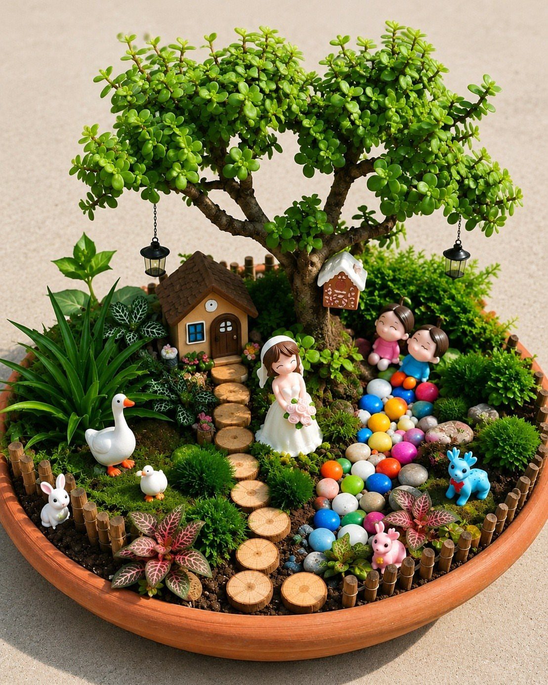 23 Fairy Garden Ideas for Tiny Houses, Teacups and Tree Trunks 14 Miniature fairy garden in a bowl with a tiny house, tree, bride figurine, and small animals.