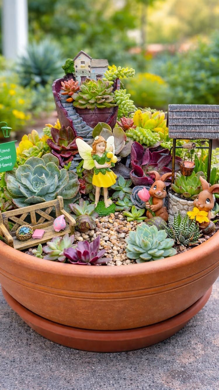 23 Fairy Garden Ideas for Tiny Houses, Teacups and Tree Trunks 20 A miniature fairy garden in a terracotta pot with succulents, a fairy figurine, and tiny garden accessories.