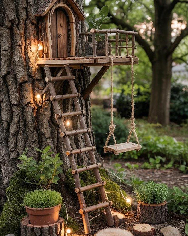 23 Fairy Garden Ideas for Tiny Houses, Teacups and Tree Trunks 19 Miniature wooden fairy house with a balcony, ladder, and rope swing attached to a large tree.