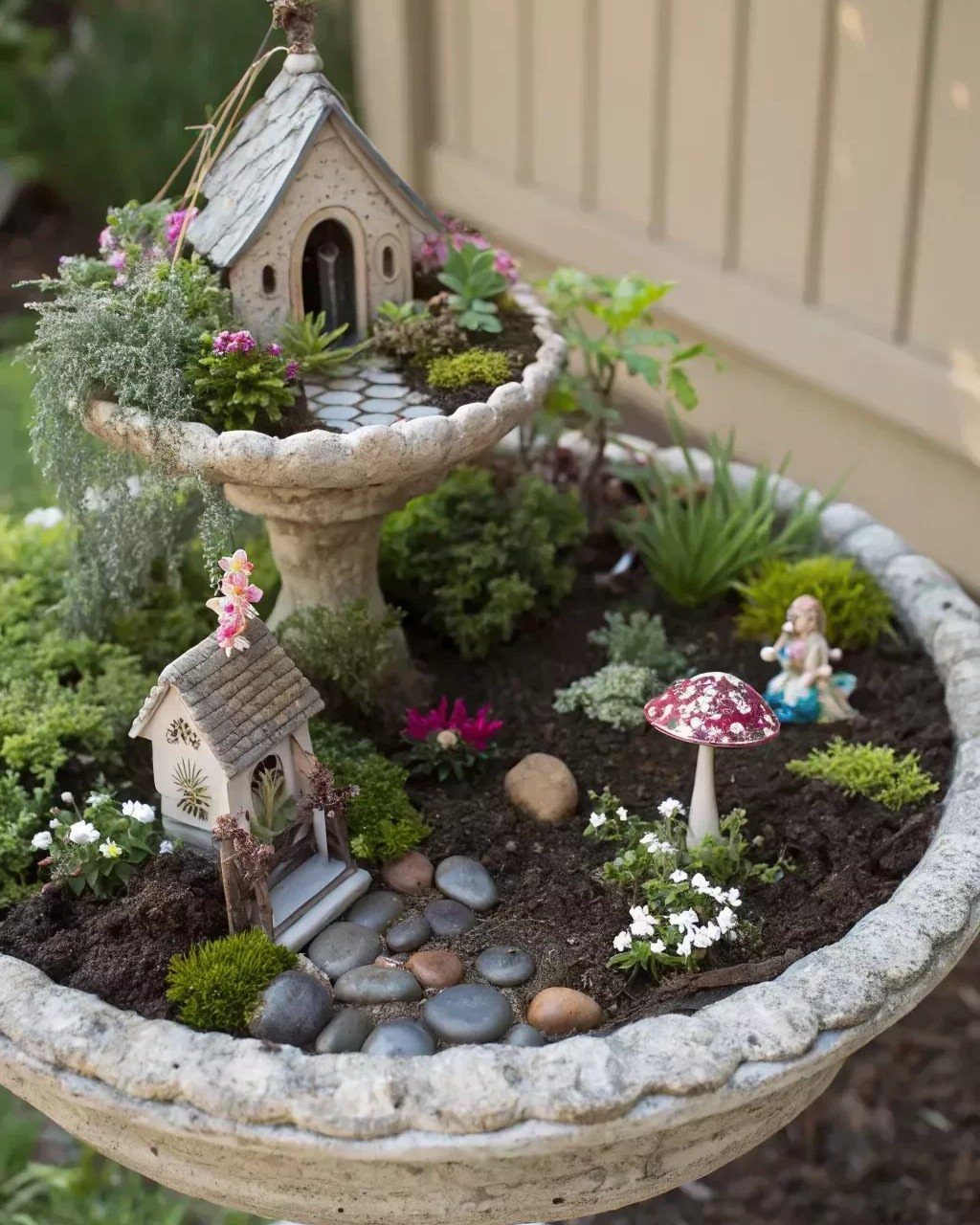 23 Fairy Garden Ideas for Tiny Houses, Teacups and Tree Trunks 12 A stone birdbath filled with soil, miniature houses, small plants, and a tiny fairy figurine.
