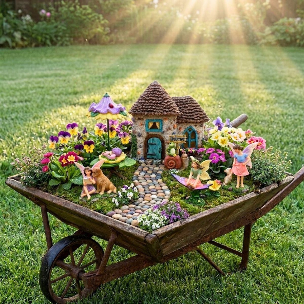 23 Fairy Garden Ideas for Tiny Houses, Teacups and Tree Trunks 2 A miniature fairy garden with houses and figurines inside a rustic metal wheelbarrow on grass.
