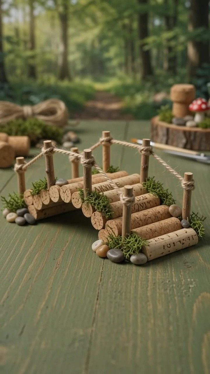 23 Fairy Garden Ideas for Tiny Houses, Teacups and Tree Trunks 15 A miniature bridge constructed from wine corks, twine, pebbles, and moss on a green wooden table.