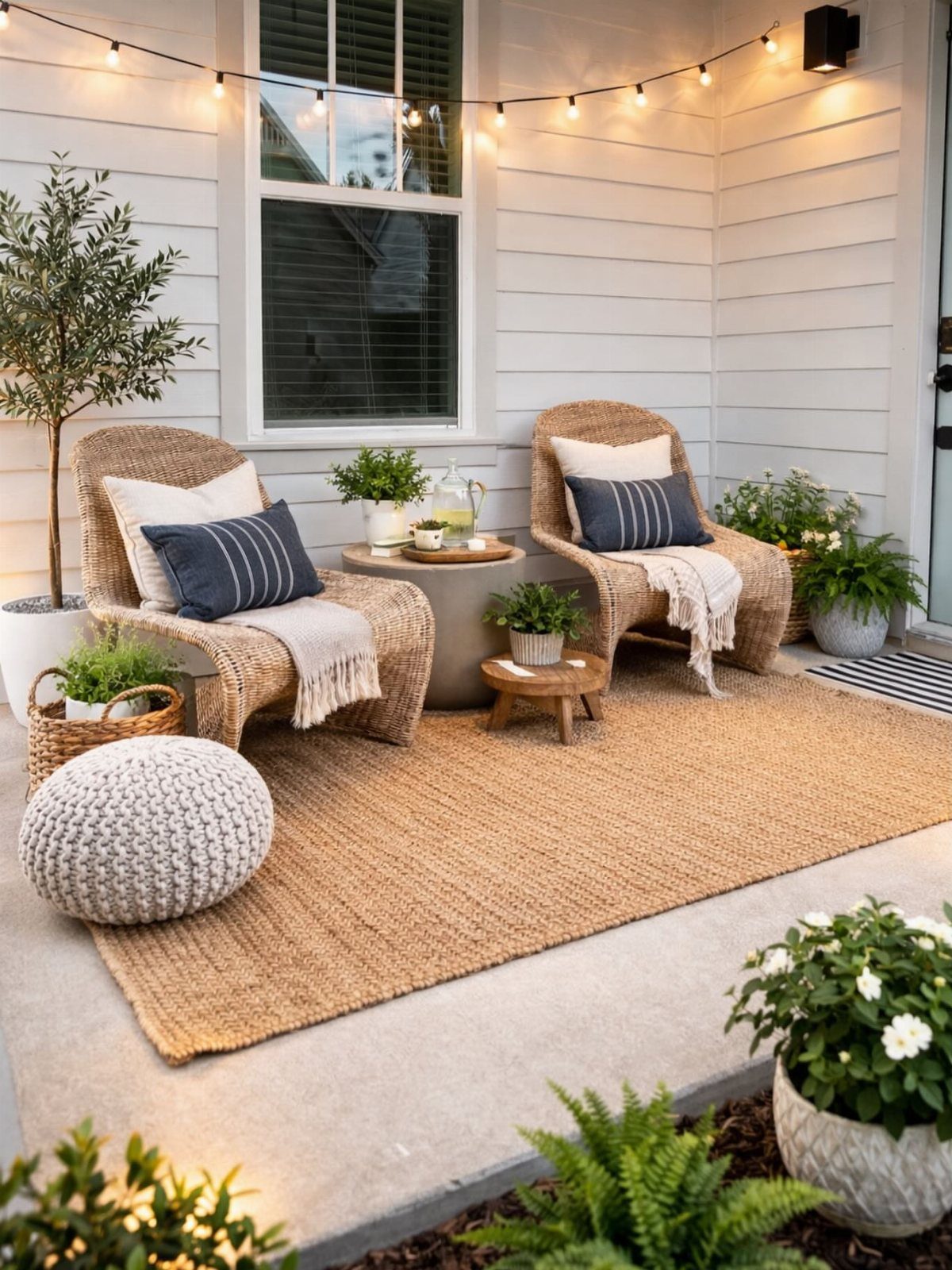 14 Front Porch Decorating Ideas for Every Season 5 Wicker armchairs and a ceramic garden stool arranged on a jute rug on a porch.