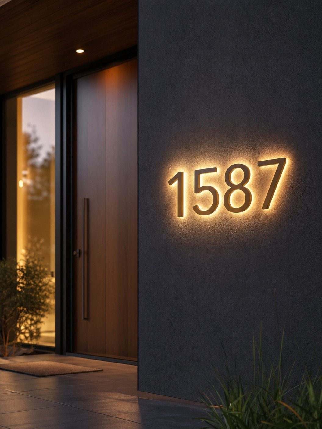 14 Front Porch Decorating Ideas for Every Season 6 Glowing backlit house numbers 1587 mounted on a dark textured exterior wall.