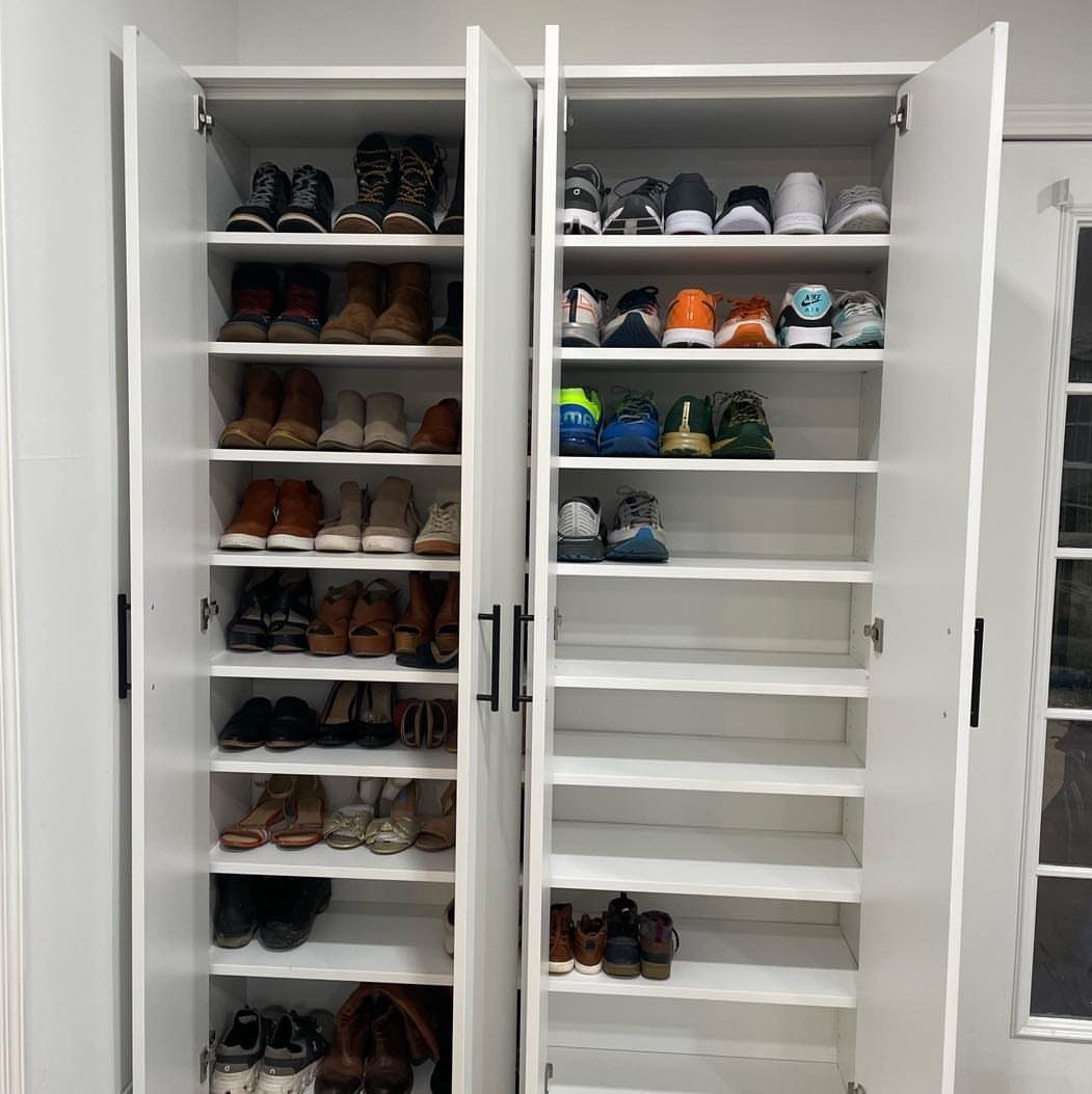 9 Garage Storage Shoes For Any Budget, Wall to Floor 9 Two white storage cabinets with open doors displaying rows of organized shoes on white shelves.