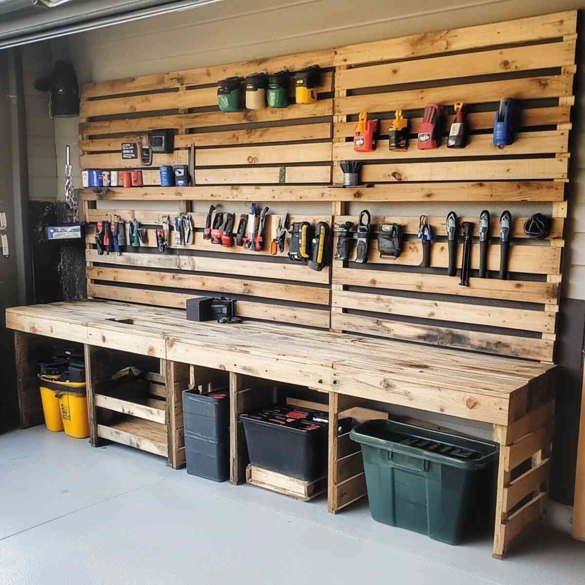 Garage Storage Using Pallets: 5 Projects for Vertical Racks and Tool Cubbies 4 Wooden workbench and tool organizers made from pallets in a garage setting.