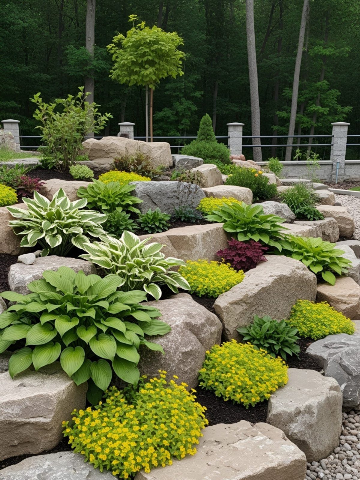 Layered garden bed with large boulders, green hostas, and yellow flowers in a landscaped setting.