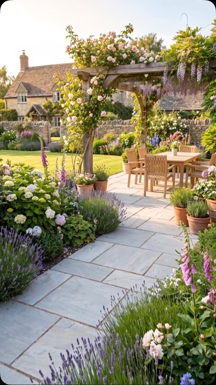 Stone patio path winding through a lush garden with lavender, roses, and a wooden pergola.