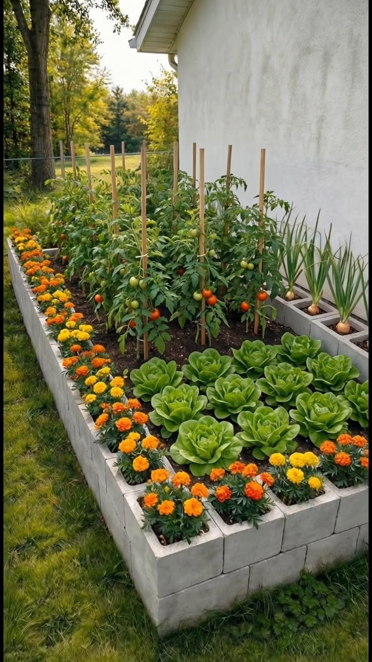 A cinder block raised garden bed filled with lettuce, tomatoes, onions, and orange marigolds.