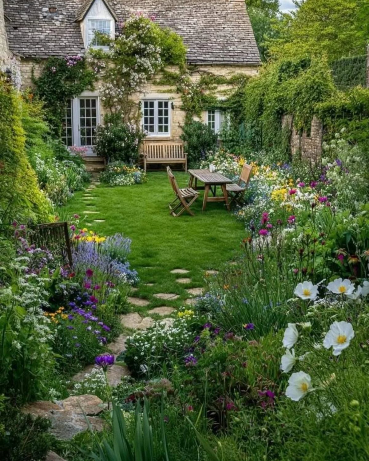 Colorful flowers and a stone path lead toward a wooden table and a stone cottage garden.