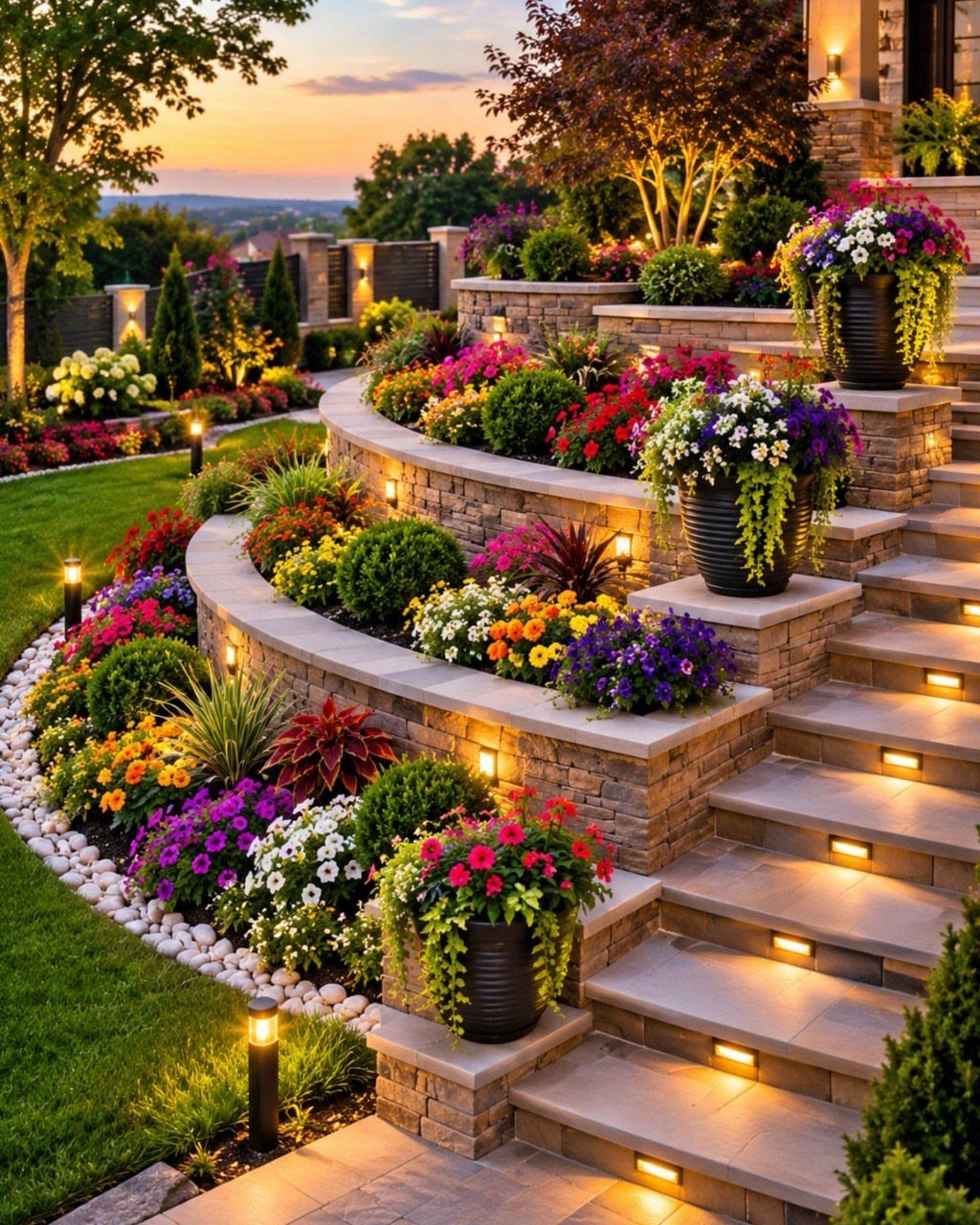 Tiered stone retaining walls filled with colorful flowering plants and integrated step lighting at sunset.