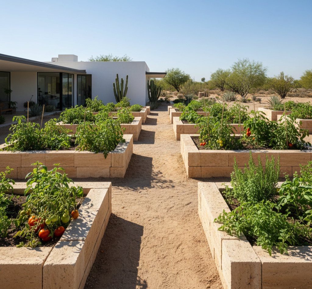 Rectangular stone raised garden beds filled with green plants and tomatoes in a sunny desert landscape.