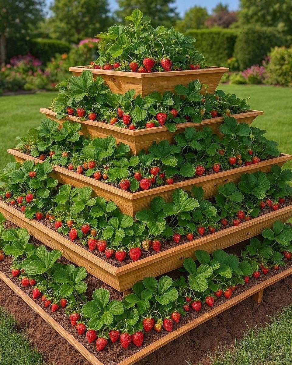 Tiered wooden planter pyramid overflowing with green strawberry plants and ripe red strawberries in a garden.