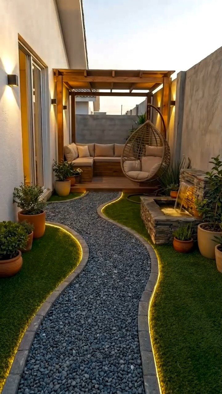 A modern courtyard with a wooden pergola, lounge seating, and a stone water feature.
