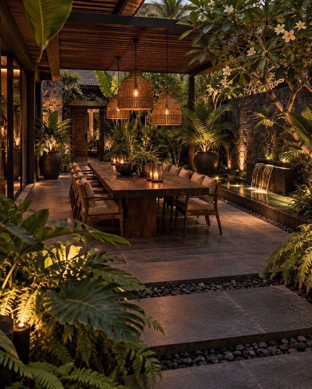 A long wooden dining table set under a pergola surrounded by lush tropical garden greenery.