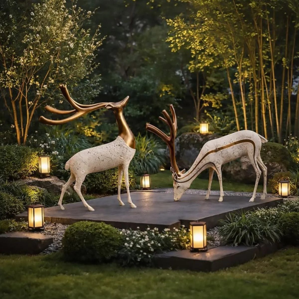 Two white and gold ceramic deer sculptures standing on a stone patio in a lit garden.