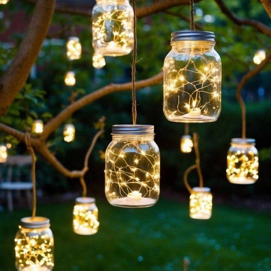 Mason jars filled with glowing fairy lights hanging from tree branches in a garden at night.