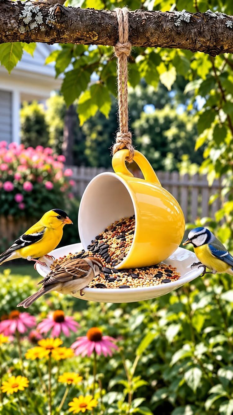 Yellow teacup bird feeder hanging from a tree branch with birds eating seeds.