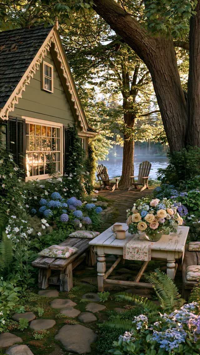 Lush cottage garden with blooming hydrangeas, a rustic wooden table, and a small green house by a lake.