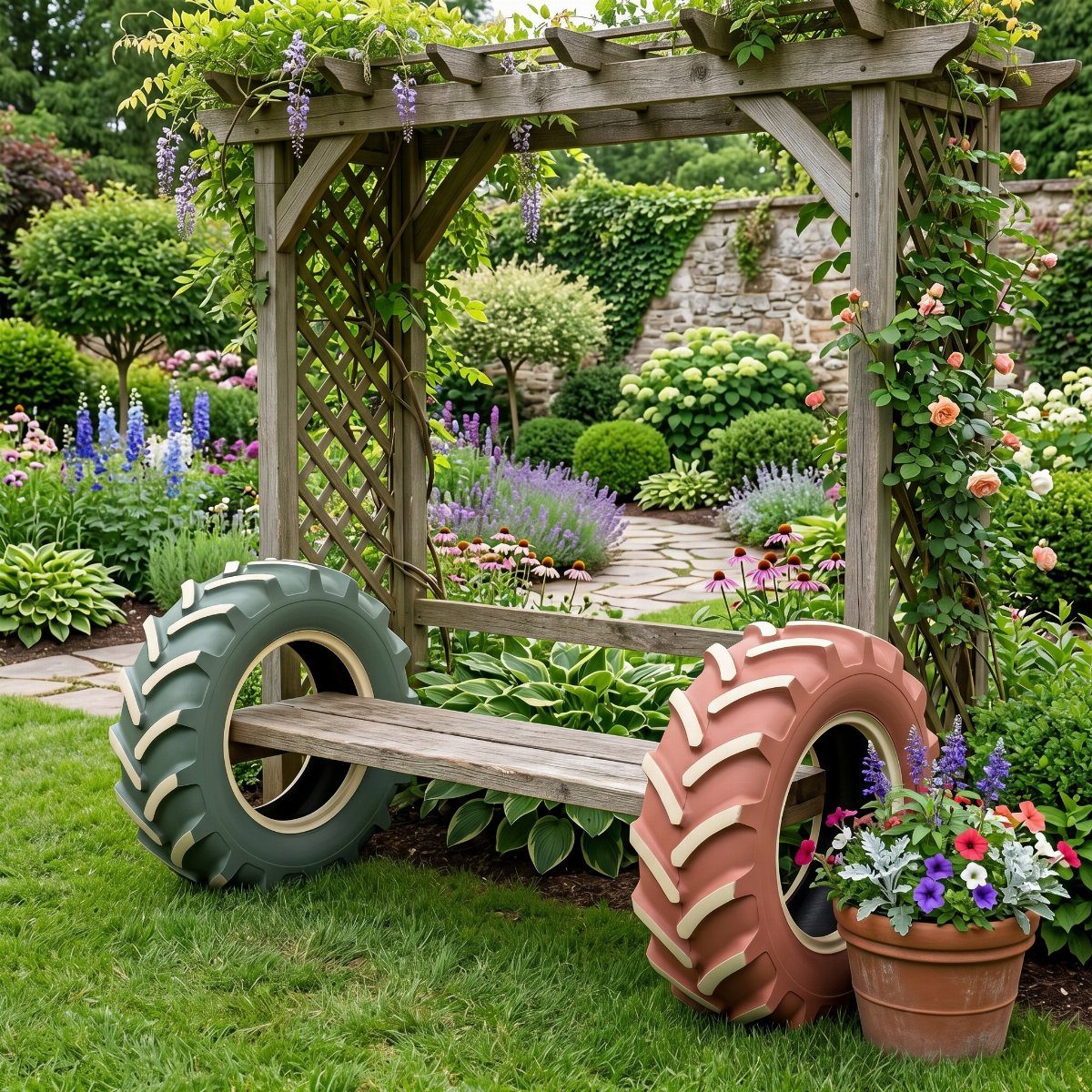 A garden bench constructed from two large tractor tires and a wooden plank in a lush garden.