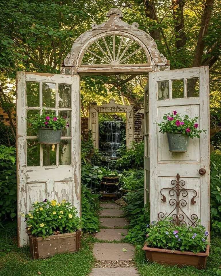 Weathered white wooden doors open to a lush garden path leading toward a small waterfall.