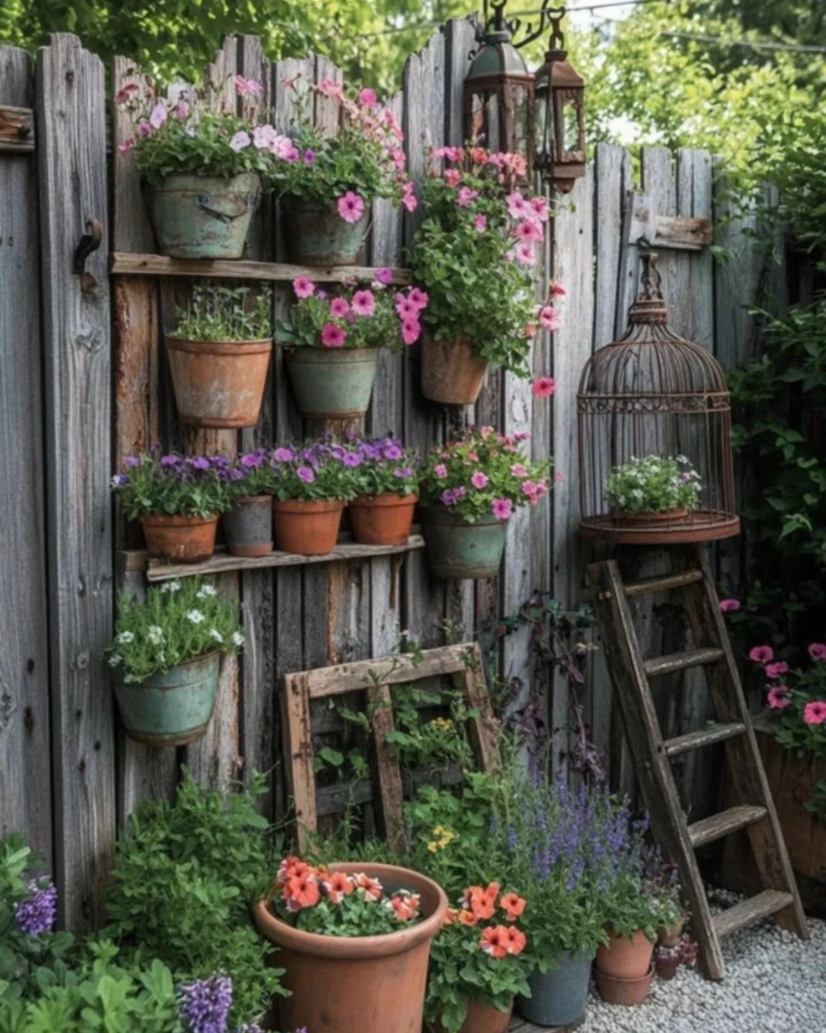 Potted flowers hanging on a weathered wooden fence in a rustic garden setting.
