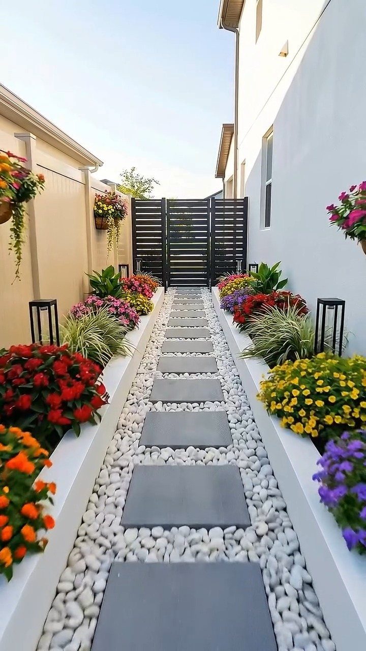 10 Garden Pathways Ideas for Gravel, Brick, Wood and Stone 6 Grey rectangular stone pavers set in white river rocks lined with colorful flowering plants.