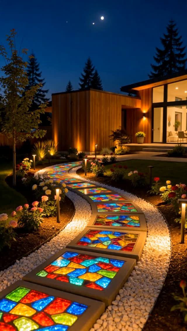 10 Garden Pathways Ideas for Gravel, Brick, Wood and Stone 7 Colorful mosaic glass pavers forming a glowing winding pathway through a landscaped garden at night.