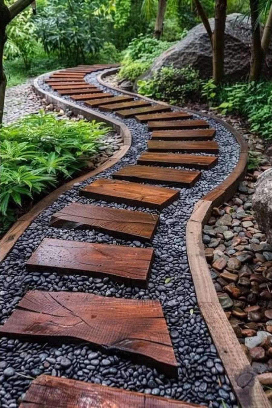 10 Garden Pathways Ideas for Gravel, Brick, Wood and Stone 4 Irregular dark wood planks forming a winding path through dark grey river stones in a lush garden.