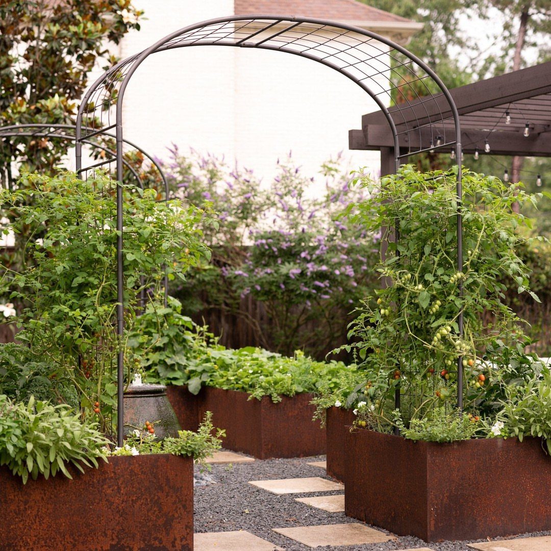 Rusted metal raised garden beds with green plants arranged in a formal layout with gravel paths.
