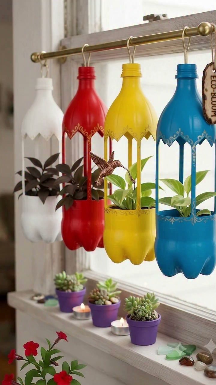Four colorful repurposed plastic bottles hanging from a rod as planters for small green plants.