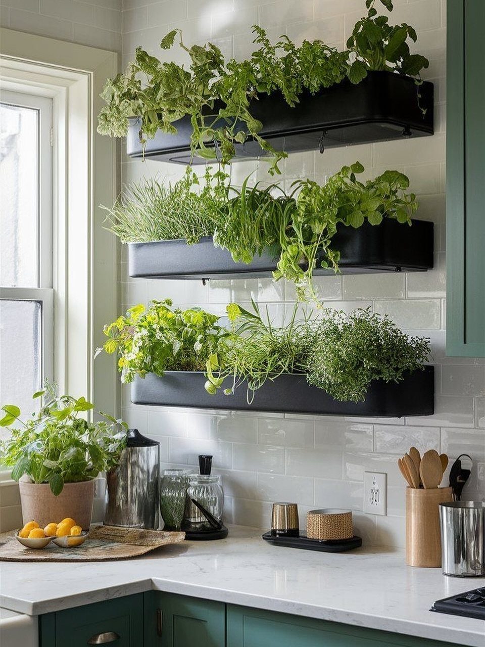 Three black planters filled with green herbs mounted vertically on a white tiled kitchen wall.