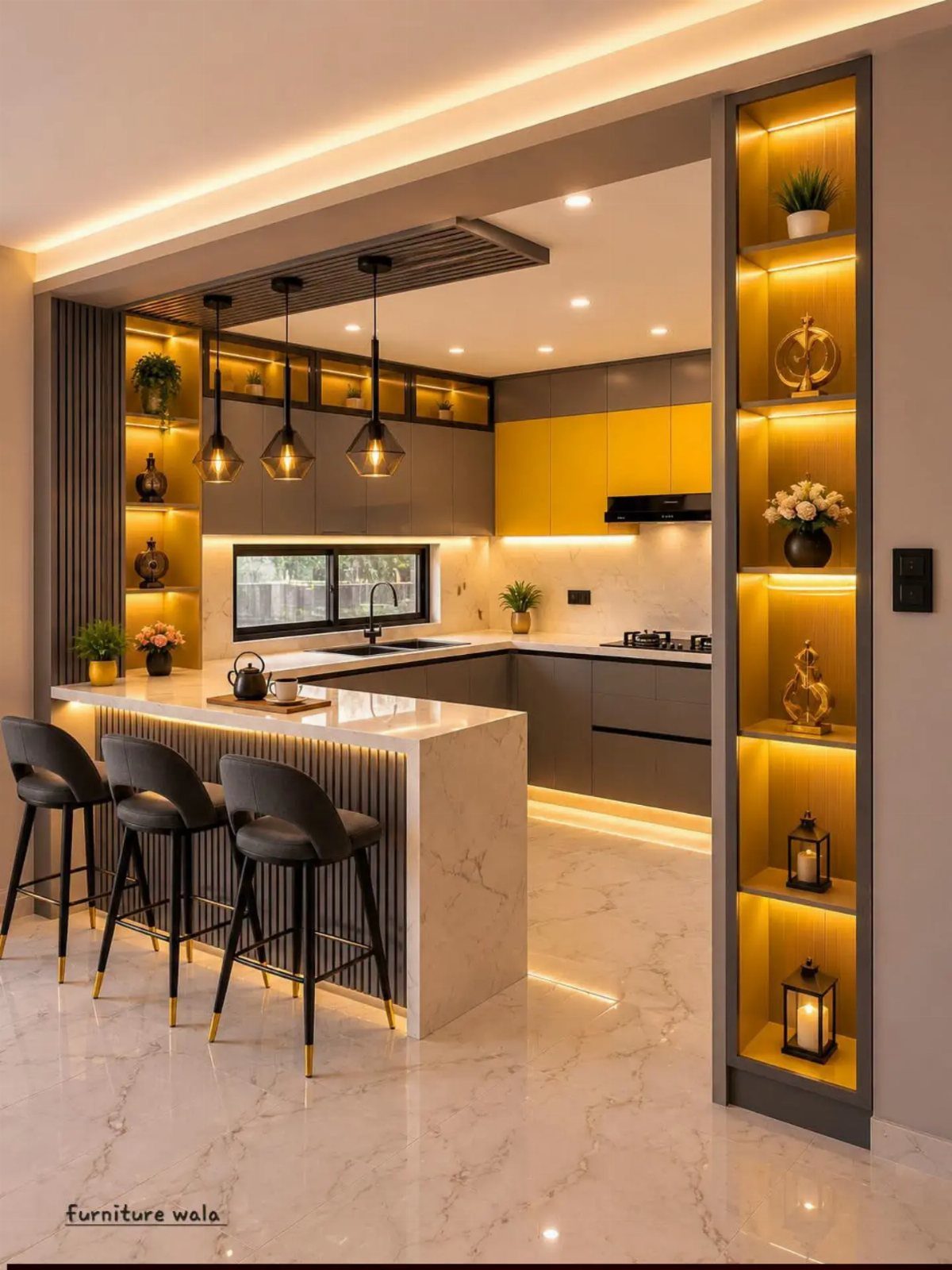 Modern kitchen with yellow backsplash, grey cabinets, and illuminated built-in shelving units.