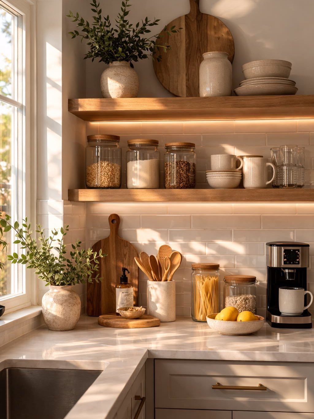 Wooden floating shelves holding ceramic dishes, glass jars, and a small green plant in a kitchen.
