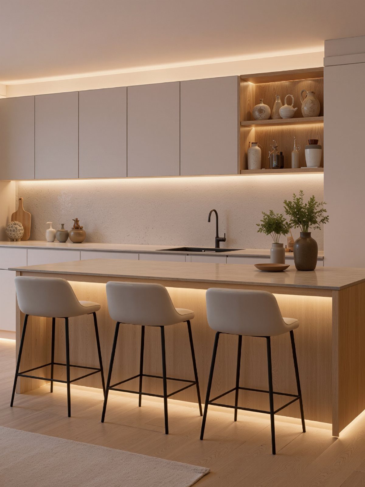 Modern kitchen with warm LED strip lighting under cabinets, backsplash, and kitchen island base.