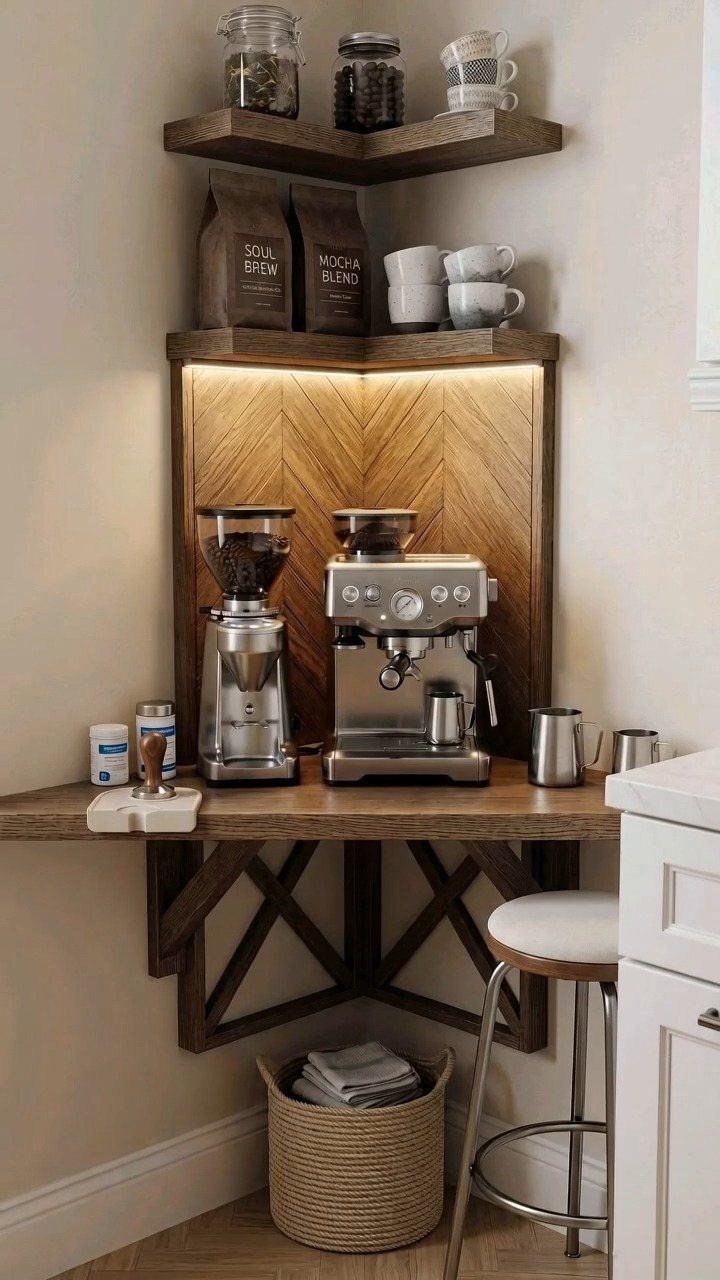 Wooden corner shelves and coffee station with an espresso machine and grinder in a kitchen corner.