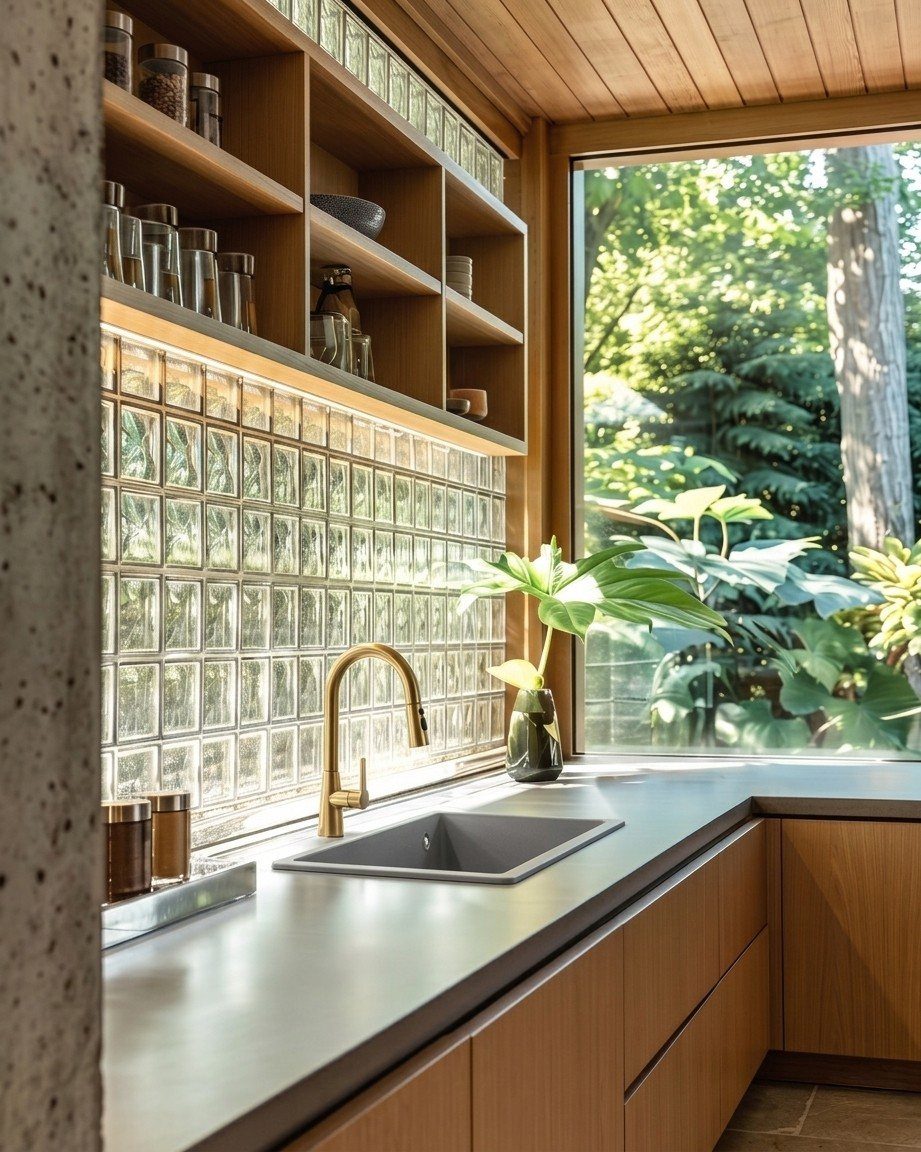 Wooden open shelves with glass jars situated next to a large window overlooking green trees.
