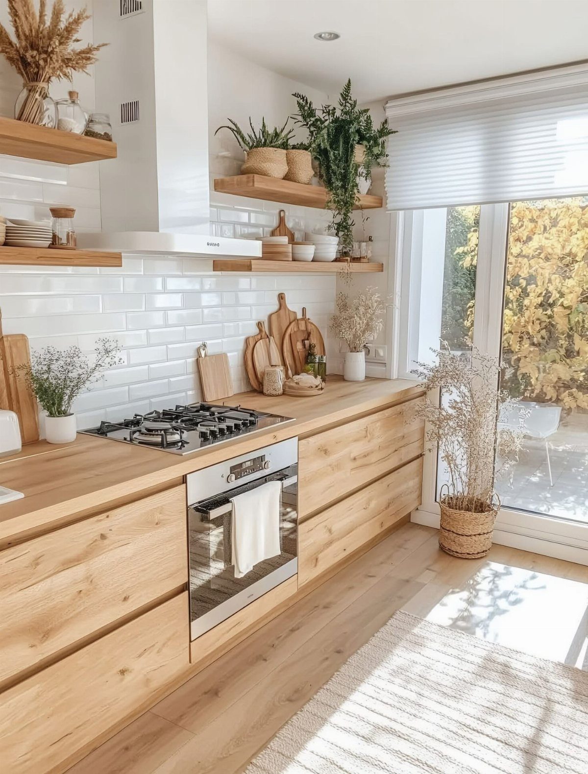 Light wood kitchen cabinets and floating shelves arranged against a white subway tile backsplash.
