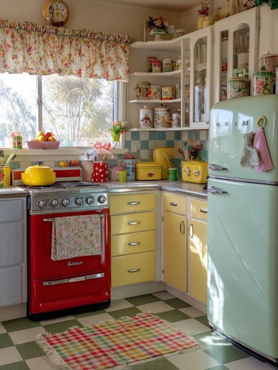 Vintage kitchen with a red stove, mint green refrigerator, and yellow cabinets with open shelving.